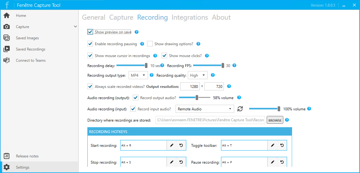 Screen recording settings